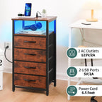 Yoobure Night Stand - LED Rustic Nightstand with Charging Station for Dorm | Bedside Table with 4 Storage Drawers and Storage Shelf, End Table with USB Ports and Outlets, Tall Nightstand for Bedroom