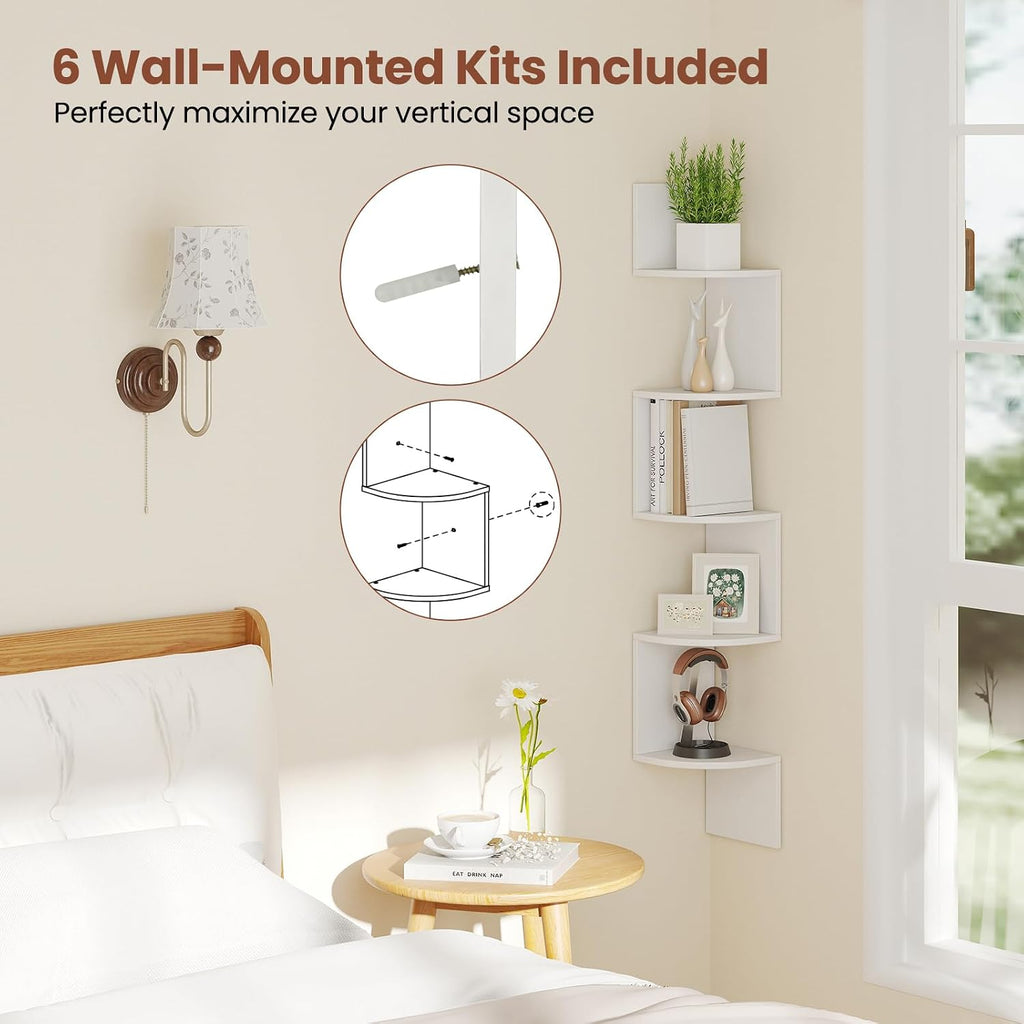 GIANTEX Corner Shelf Wall Mounted Set of 2, 5-Tier Floating Corner Bookshelf, Home Storage Organizer, Wooden Display Stand Rack for Wall, Plant Shelf for Living Room, Bedroom, Kitchen, White