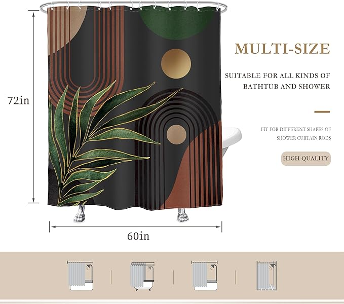 Glawry Dark Green Brown Boho Shower Curtain Abstract Mid Century Retro Tropical Leaves Modern Geometric Bathroom Minimalist Arch Sun 60Wx72L Inches Bath Accessories Art Home Decor Fabric 12 Pack Hooks