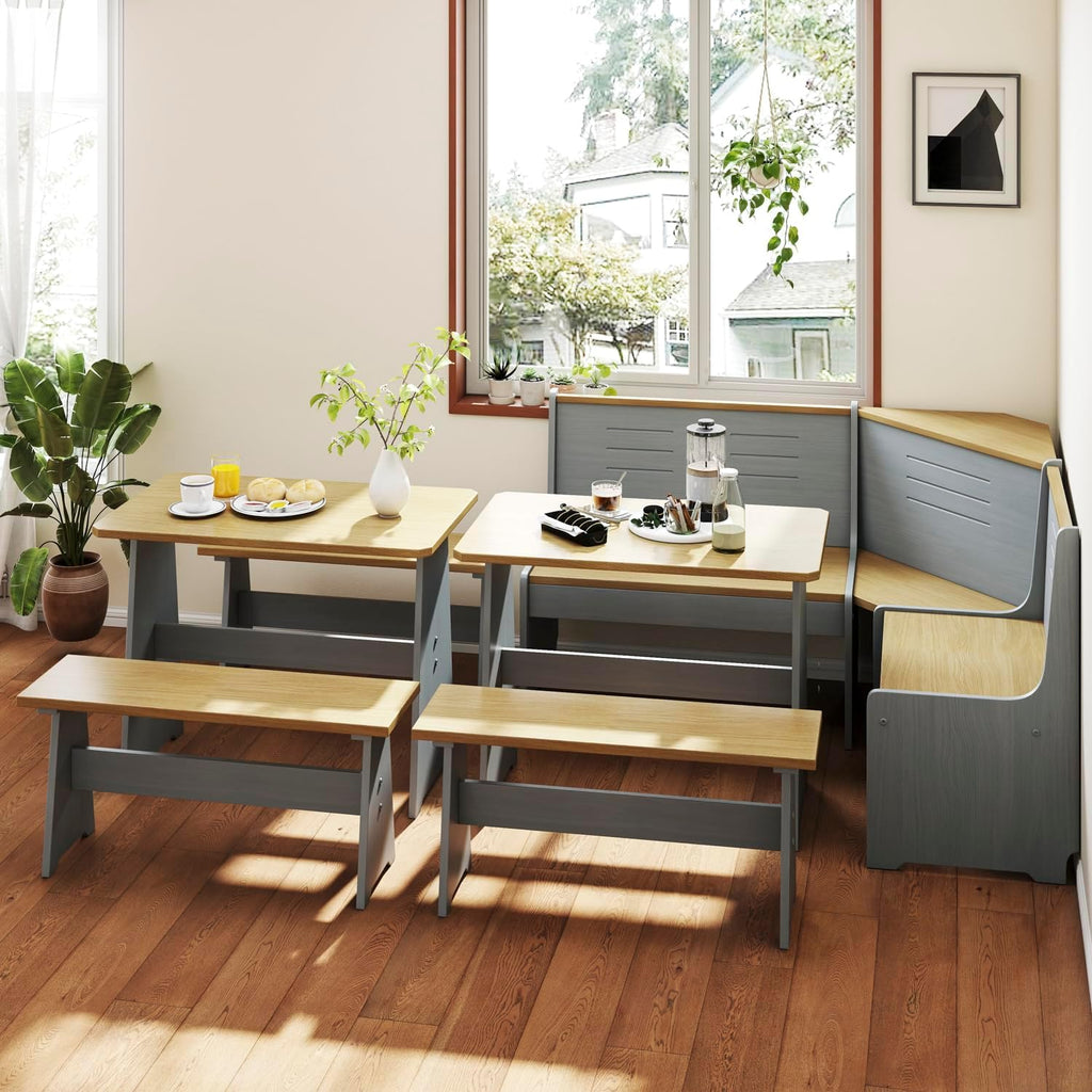 Breakfast Nook Kitchen Corner Dining Table with Bench Chair Set, Space-Saving 3-5 Seat L-Shape Set and 3-Piece Kitchen Nook Set for Family Home Grey Wood