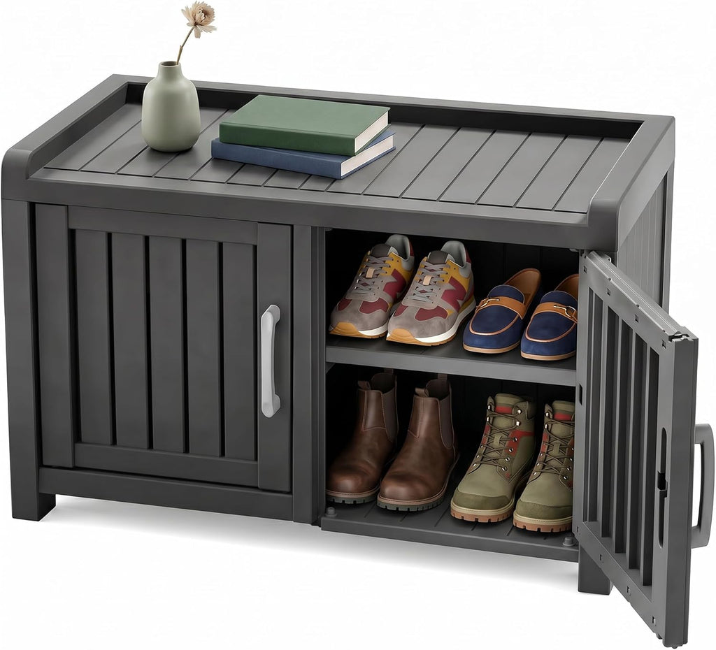 ROJIK Shoe Cabinet Waterproof UV-Resistant,Storage Bench Indoor Outdoor with Adjustable Shelves,for Entryway Bedroom,Hallway,Living Room(Double Door,Black)