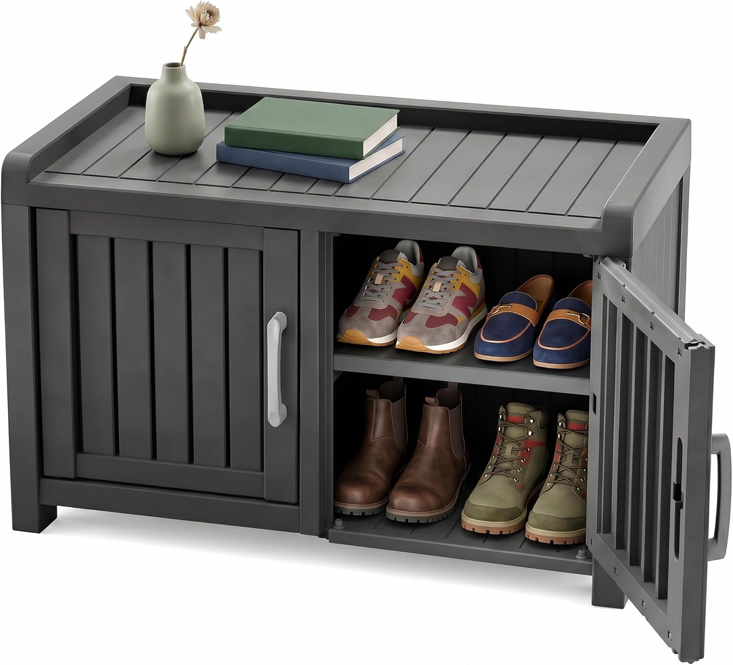 ROJIK Shoe Cabinet Waterproof UV-Resistant,Storage Bench Indoor Outdoor with Adjustable Shelves,for Entryway Bedroom,Hallway,Living Room(Double Door,Black)