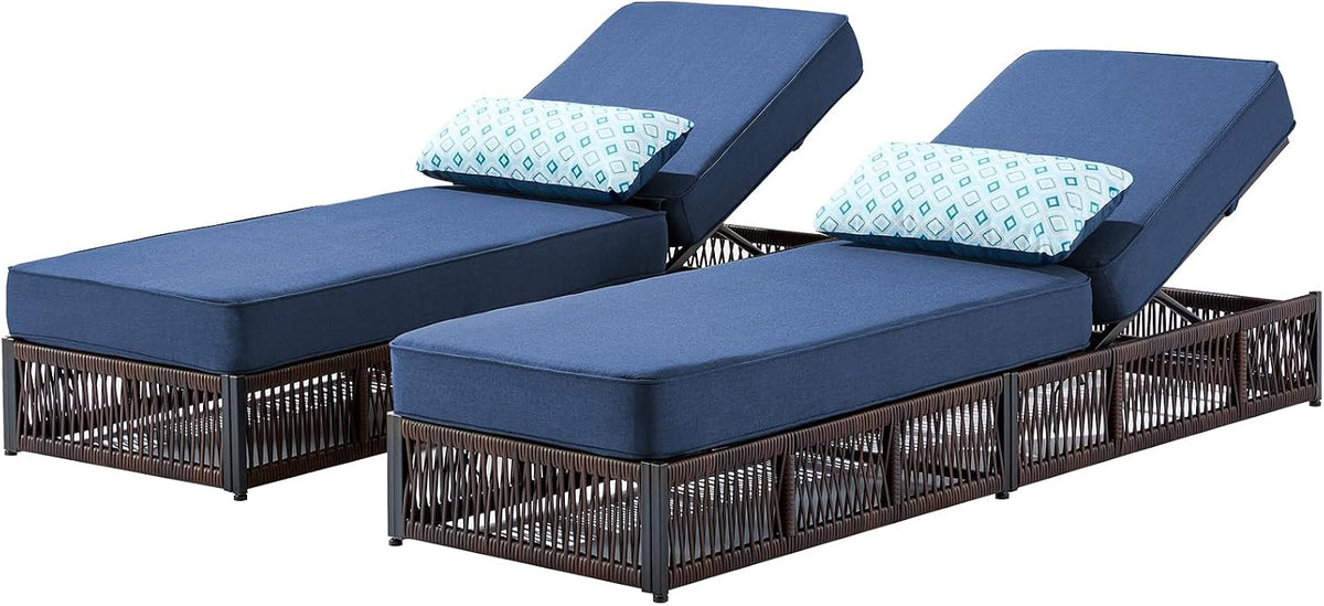 Luxury Outdoor Chaise Lounges with 5 Inch Thickened Cushions - Set of 2 High Back Brown Wicker Patio Recliners Rattan Reclining Chairs Porch Poolside Pool Sunbathing Lounger - Navy Blue