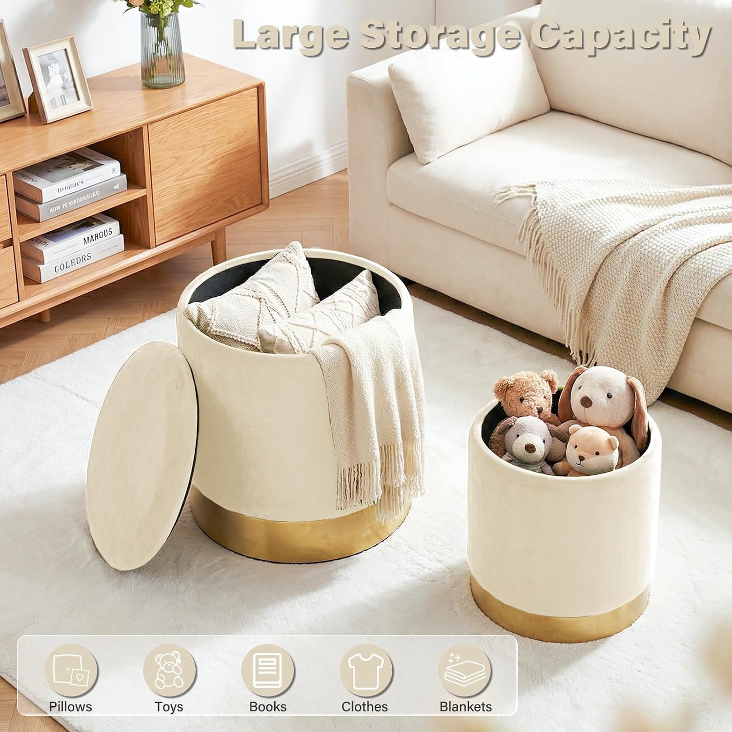 Round Ottoman with Storage Set of 2, Vanity Foot Stool with Storage, Nesting Upholstered Small Ottoman Foot Rest with Gold Plating Base for Room, Bedroom, Dorm, White Velvet Ottomans
