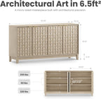 COLAMY 60" Sideboard Buffet Cabinet with Storage, Modern 4-Door Buffet Table with 3D Checkerboard Doors & Solid Wood Legs, Large Coffee Bar Cabinet for Dining Room, Living Room, Entryway,Oak Mist