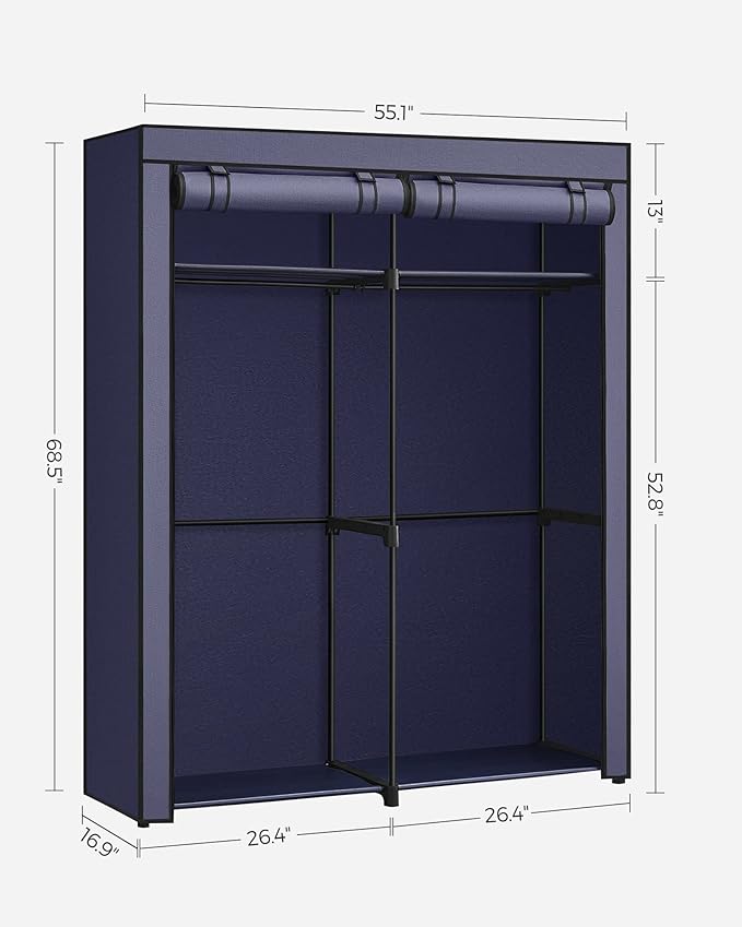 SONGMICS Closet Wardrobe, Portable Closet for Bedroom, Clothes Rail with Non-Woven Fabric Cover, Clothes Storage Organizer, 55.1 x 16.9 x 68.5 Inches, Dark Blue URYG002I02