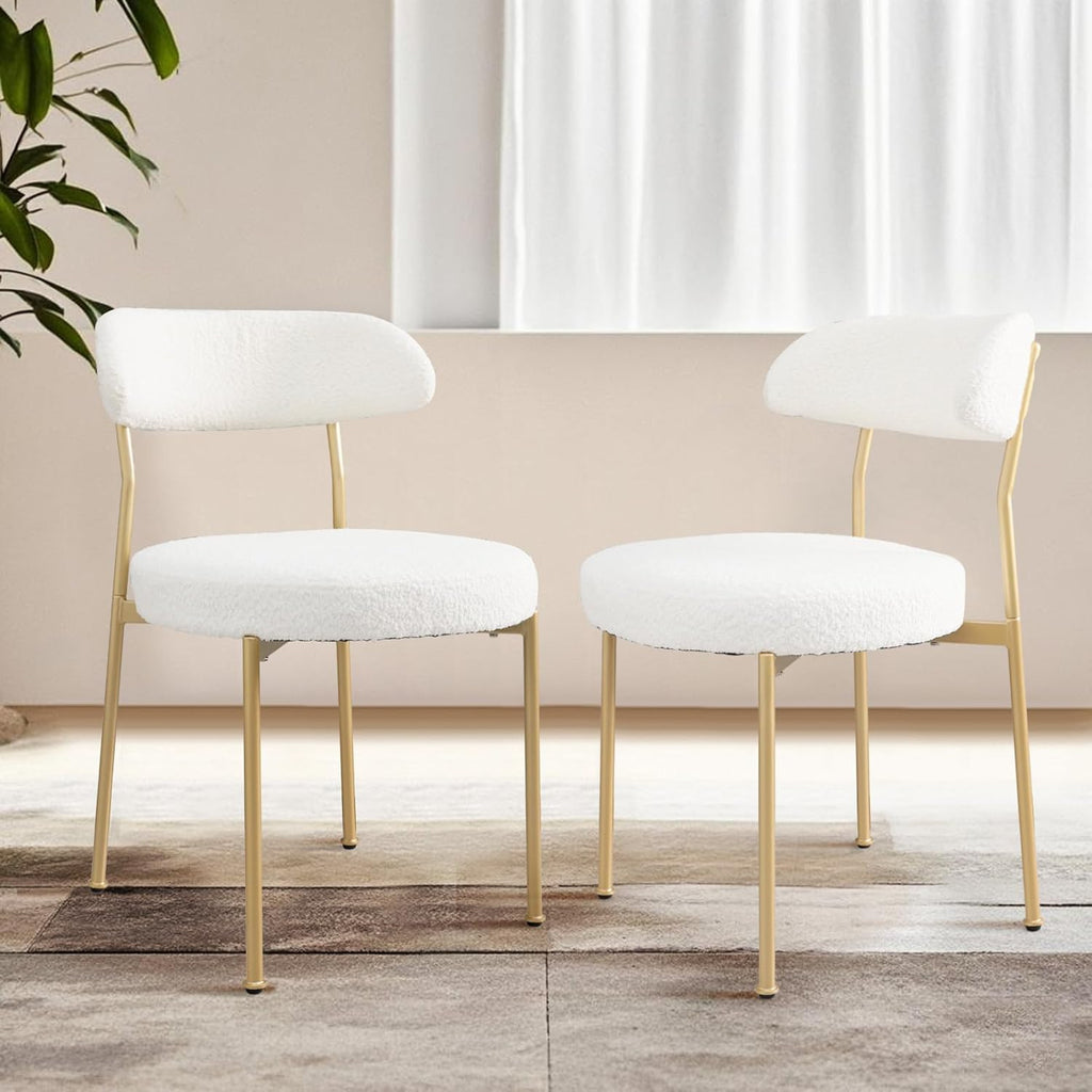 Dining Table and Dining Chair Set 23.6" White Round Table&2 Boucle Upholstered Golden Legs Chairs for Kitchen Dining Room Small Space 3 Piece Dining Table and Chair Set（Beige）