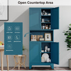 YAUWOH 69" Tall Metal Pantry Cabinet with Microwave Shelf, 4 Doors & 3 Adjustable Shelves, 120LBS Per Shelf Heavy Duty Storage Cabinet with Anti-Tip Design for Kitchen,Dining Room (1PC,Blue)