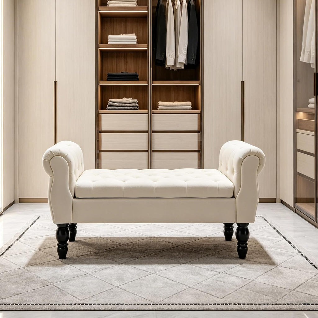 47.6" Storage Bench for End of Bed Bedroom, Velvet Ottoman Bench with Arms and Wood Legs, Upholstered Tufted Button Entryway Bench with Storage, Window Sitting Bench for Living Room, Cream