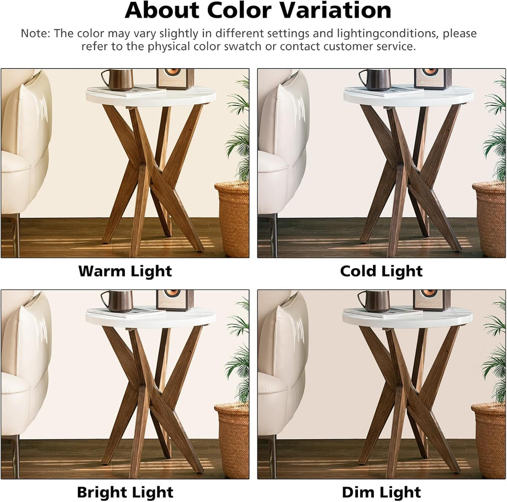 Ahokua Modern Round End Table with Smooth White Top and Crossed Walnut Legs, Minimalist Accent Table for Living Room, Balcony, or Small Spaces, Easy Assembly Bedside Table, White Walnut