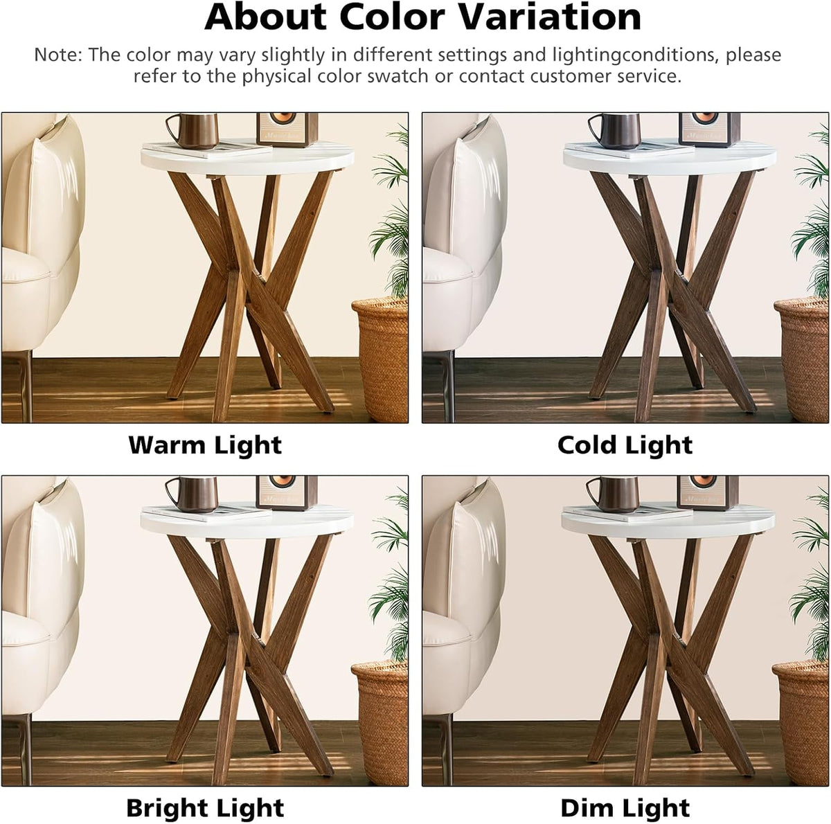 Ahokua Modern Round End Table with Smooth White Top and Crossed Walnut Legs, Minimalist Accent Table for Living Room, Balcony, or Small Spaces, Easy Assembly Bedside Table, White Walnut
