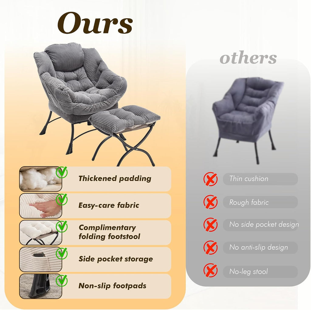 QQU Accent Chair wiht Ottoman for Bedroom (Grey) | Corduroy Reading Chair with Footrest, Comfy Lounge Armchair for Living Room, Reading Room