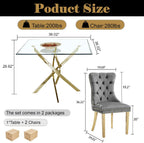 AF ARTISAN FURNITURE 36" Square Glass Dining Table Set for 2, 3-Piece Modern Kitchen Table with 2 Grey Velvet Chairs, Dining Room Table Set for Apartments Small Spaces (Gold Leg)