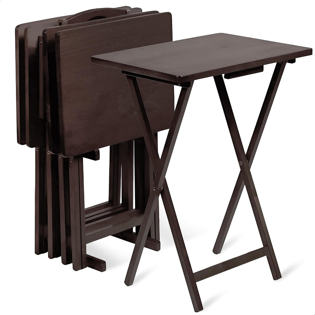 PJ Wood Espresso - 5-Piece TV Tray Table Set - Folding with Storage Rack | Solid Rubberwood, 19.09 x 14.57 x 26 in Each, 3 in Thick Collapsed, 40 lb Capacity, 5 Units, Indoor Use