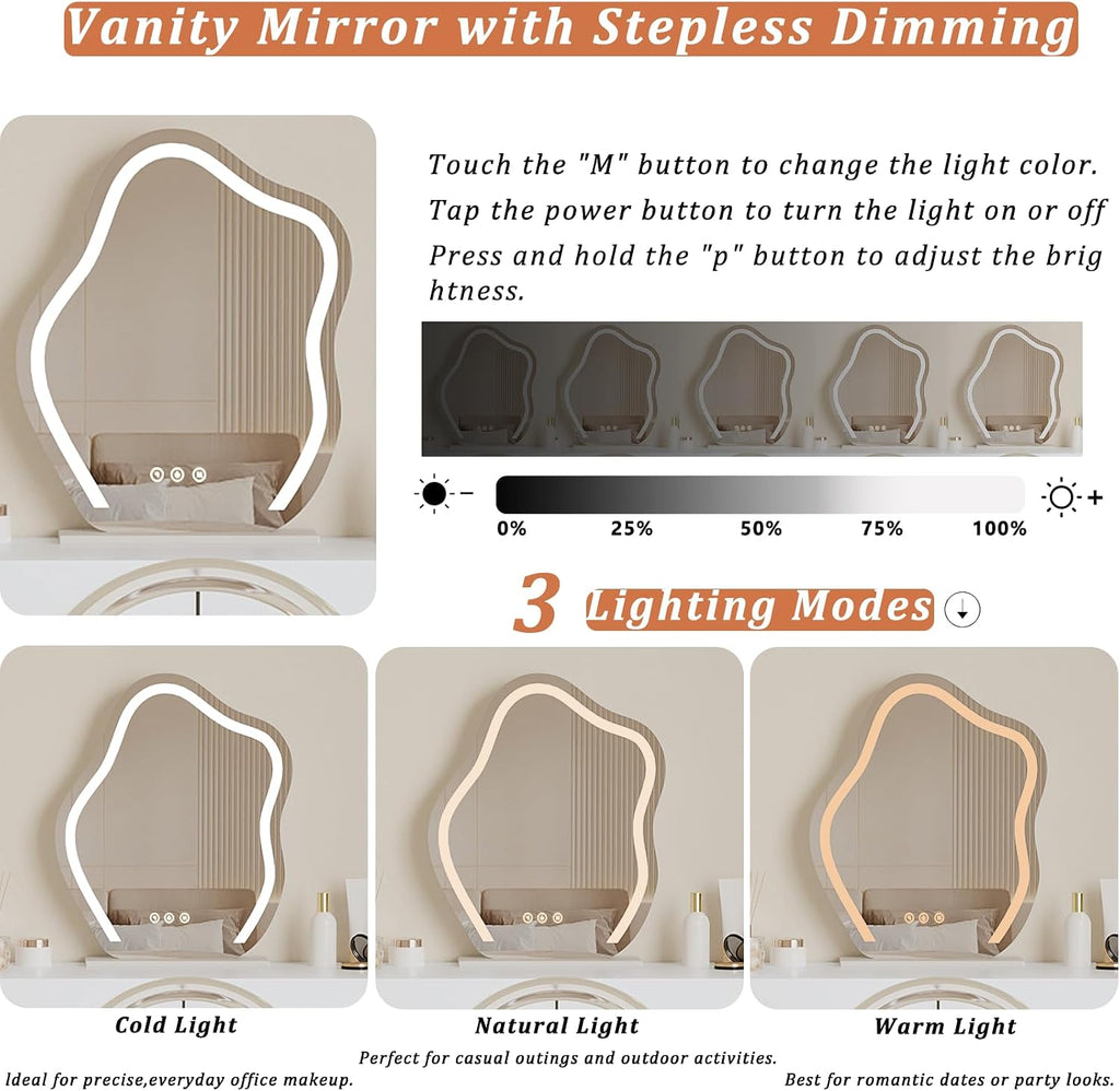 IKuinen White Makeup Vanity with Mirror and Lights, Vanity Set with Free Retractable Side Cabinet, Dresser Table with 5 Solid Wood Drawers, Luxury Dressing Table with Stylish Stool