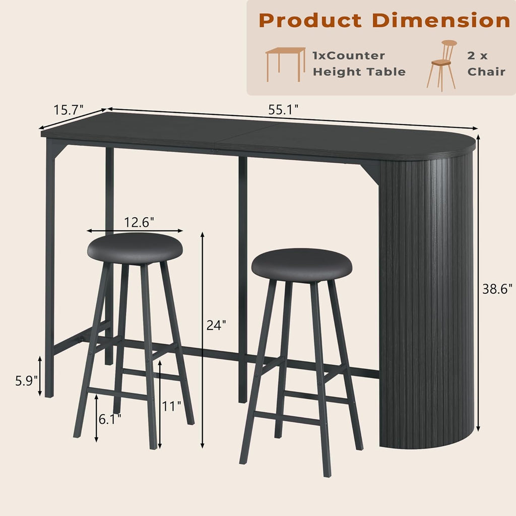 Fluted Bar Table and Chairs Set, 55'' Long Bar Tables with 2 Stools, 3 Piece Counter Height Dining Table for 2, Space Saving Kitchen Table for Bar, Dining Room, Kitchen, Breakfast Nook Corner, Black