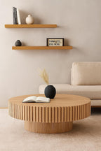 Round Coffee Table with Fluted Design, Wood Oak