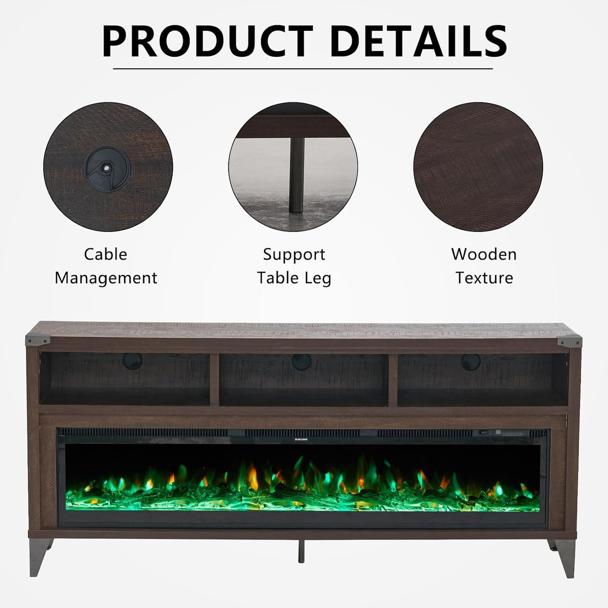 LUXOAK 65" Farmhouse TV Stand with 60" Electric Fireplace for TVs up to 75" | Espresso, Entertainment Center, Industrial TV Console, Tempered Glass Fireplace, TV Cabinet, Open Storage