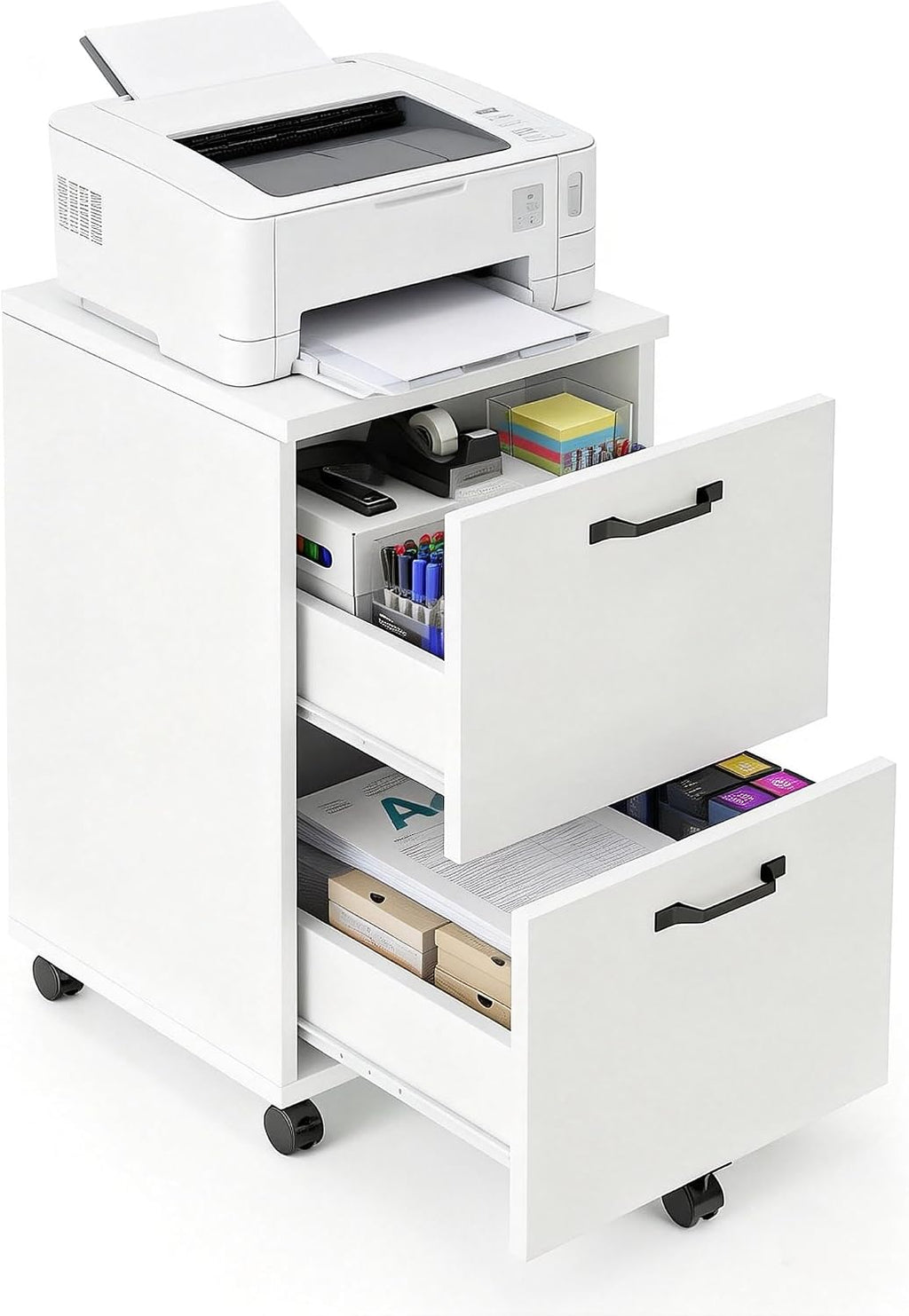 Simple Deluxe 2 Drawer Filing Cabinet, Wood Rolling Filing Cabinets with Printer Stand, Under Desk Storage Lockable Wheels, Home Office Organizer for A4 Letter Legal Size Documents,White