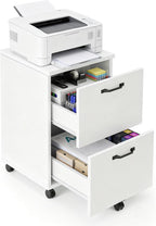 Simple Deluxe 2 Drawer Filing Cabinet, Wood Rolling Filing Cabinets with Printer Stand, Under Desk Storage Lockable Wheels, Home Office Organizer for A4 Letter Legal Size Documents,White