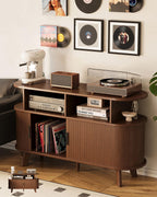Record Player Stand, Midcentury Modern Furniture Turntable Stand with Sliding Doors, Audio-Video Shelving Cabinet, Fluted Media Stand and TV Stand for Living Room, Bedroom (Walnut) (Large)
