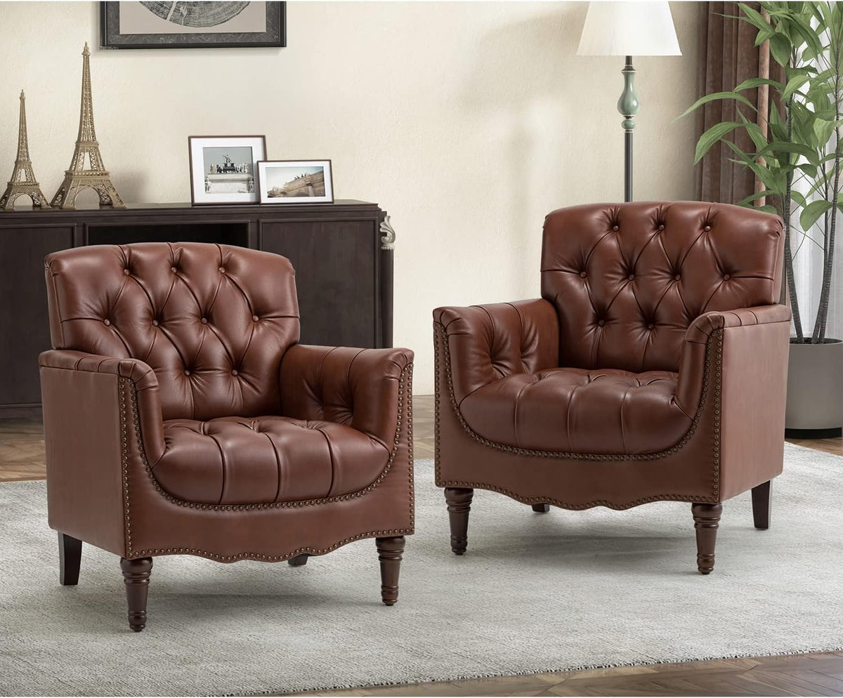 HULALA HOME Mid Century Modern Genuine Leather Accent Chair Set of 2, Brown | Button Tufted Leather Armchair, Upholstered Club Chair with Nailhead Trim, Solid Wood Legs, for Living Room Bedroom