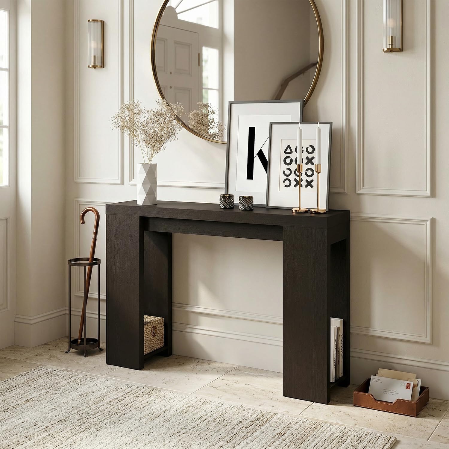 Furinno ARA 47-Inch Wide Entryway Table, Narrow Console Table, Dark Oak | Thick Frame Sofa Table with Shelf, Farmhouse Couch Table Behind Sofa, for Entrance, Hallway, Living Room