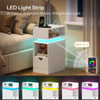 HOOBRO Narrow End Table, Floating Nightstand with LED Light Strip, with Drawer, Slim Bedside Table with Charging Station for Living Room, Bedroom, White WT204UDBZ01