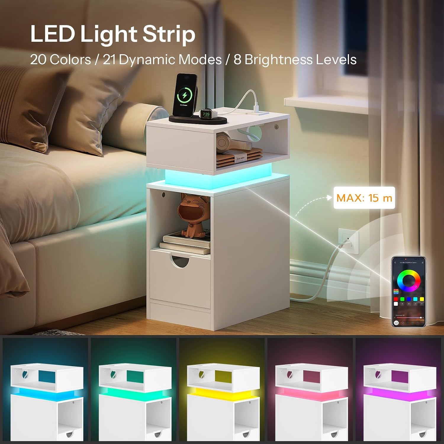 HOOBRO Narrow End Table, Floating Nightstand with LED Light Strip, with Drawer, Slim Bedside Table with Charging Station for Living Room, Bedroom, White WT204UDBZ01