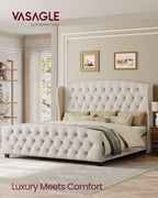 VASAGLE King Platform Bed Frame, Upholstered, Wooden Slats