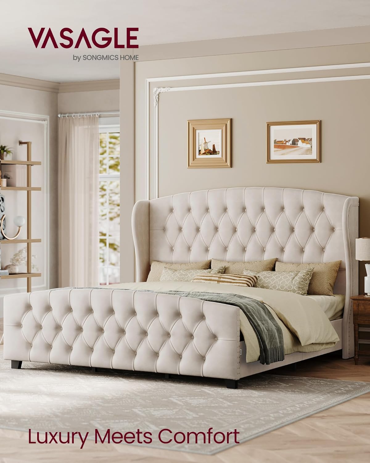 VASAGLE King Platform Bed Frame, Upholstered, Wooden Slats
