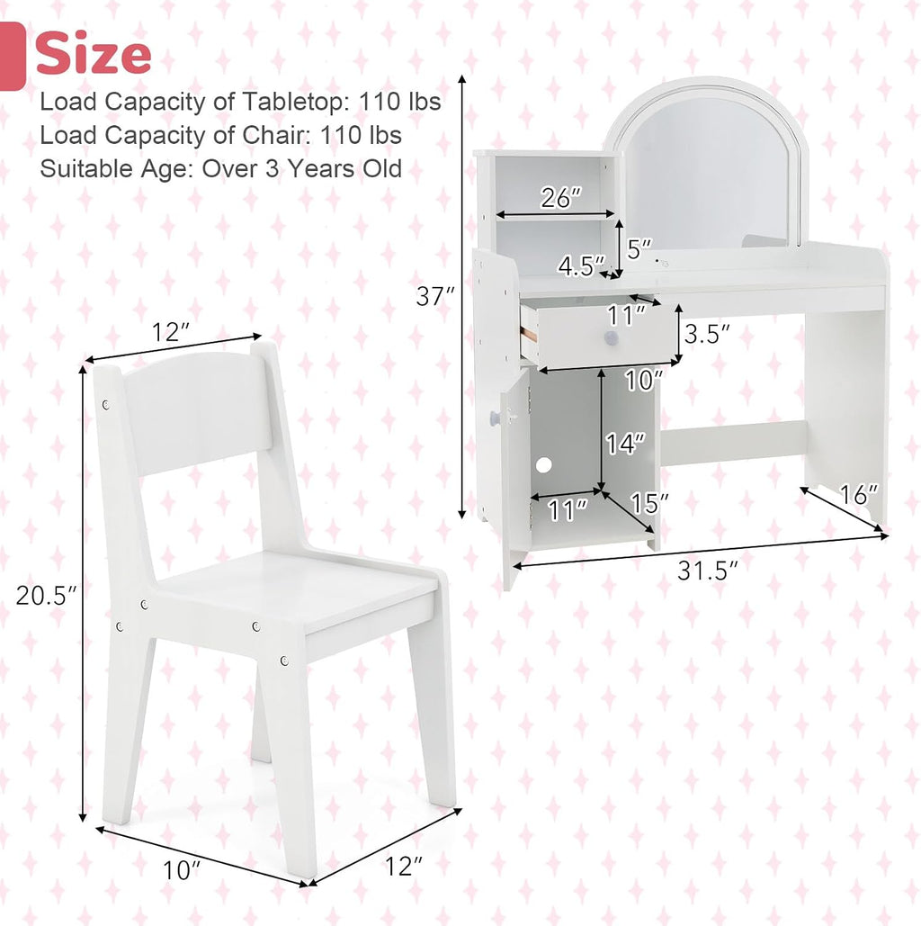 GLACER Kids Vanity, 2-in-1 Wooden Makeup Desk with LED Lighted Mirror, Drawer & Cabinet, Storage Shelves, Princess Dressing Table, Kids Vanity Table and Chair Set for Little Girls Ages 3+ (White)