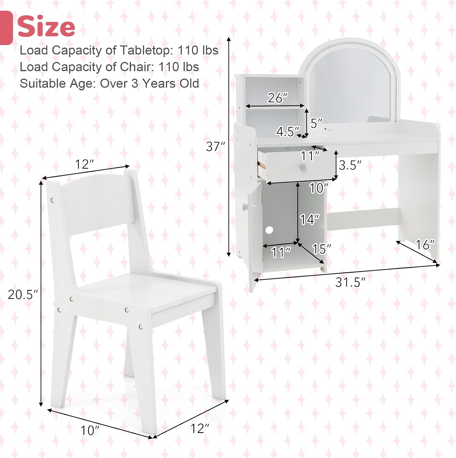 GLACER Kids Vanity, 2-in-1 Wooden Makeup Desk with LED Lighted Mirror, Drawer & Cabinet, Storage Shelves, Princess Dressing Table, Kids Vanity Table and Chair Set for Little Girls Ages 3+ (White)