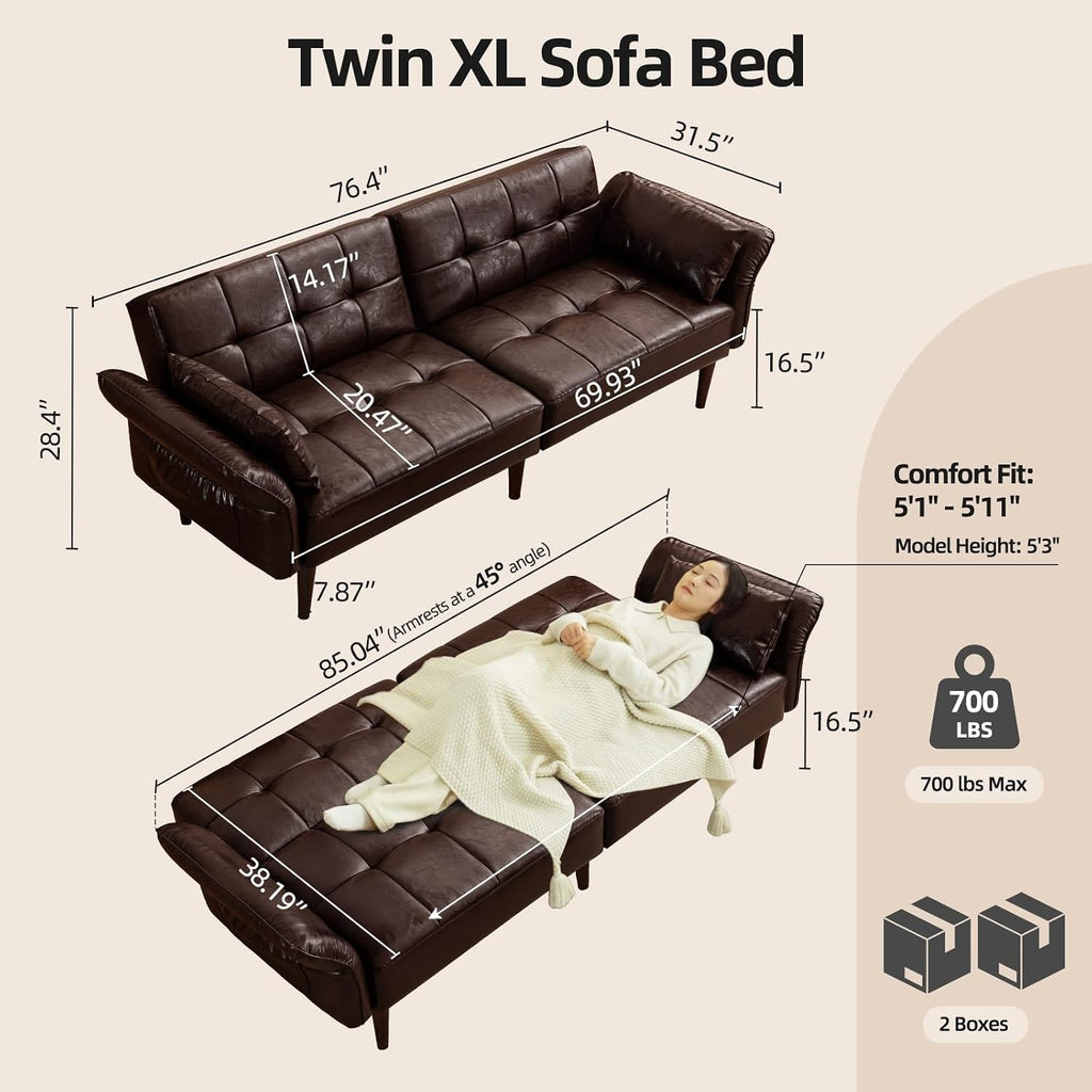 HALLYBEE 85" Futon Faux Leather Couch with Adjustable Armrests Coffee Brown | Futon Sofa Bed, Sleeper Sofa, Small Couch with Pillows, Side Pockets, Mid Century Modern, Living Room, Bedroom, Apartment