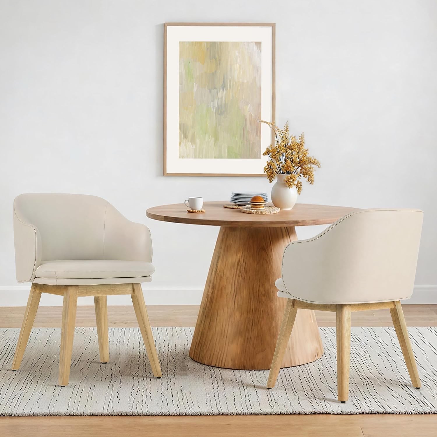 KISLOT Wooden Dining Chairs Set of 2, Faux Leather Upholstered Modern Dining Room Chairs with Barrel Backrest & Double-Layer Thick Cushion for Living Room, Restaurant, Kitchen and Café, Beige