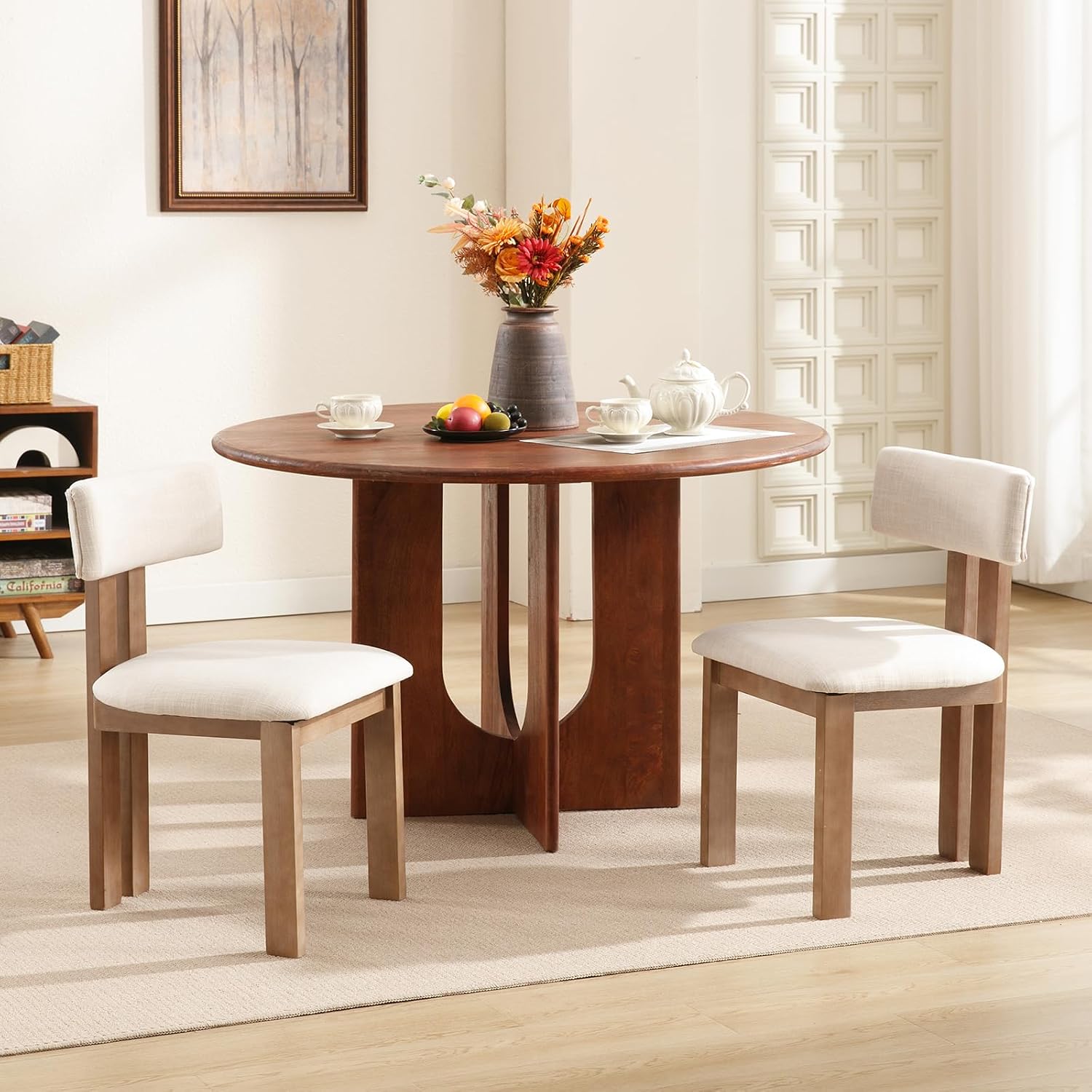 Kmax Farmhouse Dining Chair Set of 6, Linen Fabric Dining Room Chair Curved Backrest Armless Kitchen Chairs with Walnut Wood Legs for Family Diner, Beige
