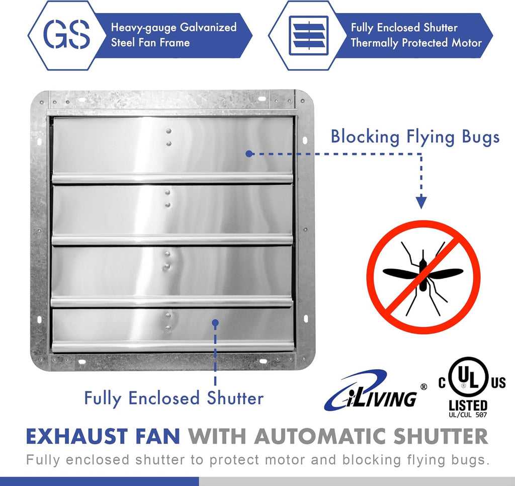 iLIVING 16" Wall Mounted Shutter Exhaust Fan, Automatic Shutter, with Thermostat and Variable Speed controller, 0.85A, 1200 CFM, 1800 SQF Coverage Area Silver (ILG8SF16V-ST)