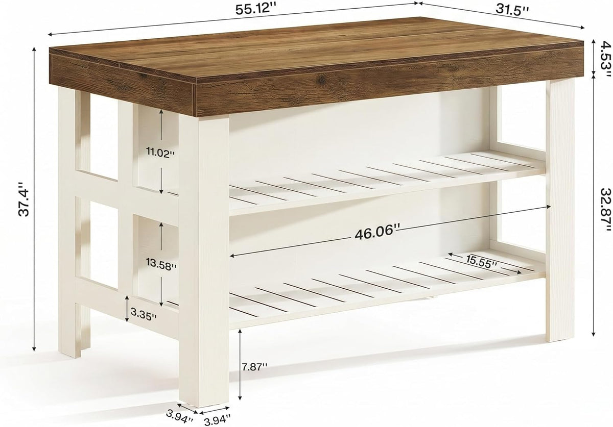 Tribesigns 55.1-Inch Kitchen Island with Seating and Storage, 3-Tier Large Farmhouse Island Table with Large Countertop and Leg Room for Kitchen Dining Room (Brown and White)