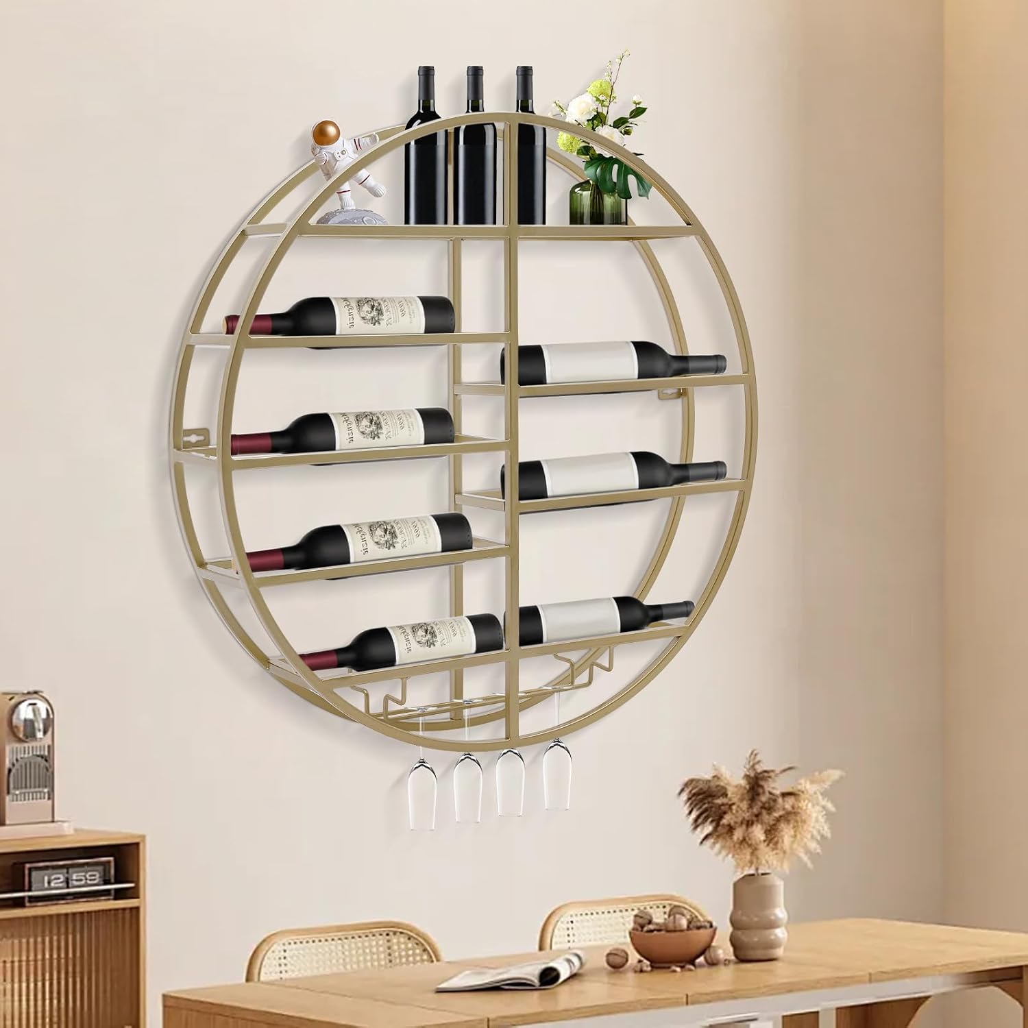 Wall Mounted Wine Rack with Glass Holder, Gold Metal Bottle Holder Round Wine Storage Display Rack for Restaurants Bar Dining Room Kitchen