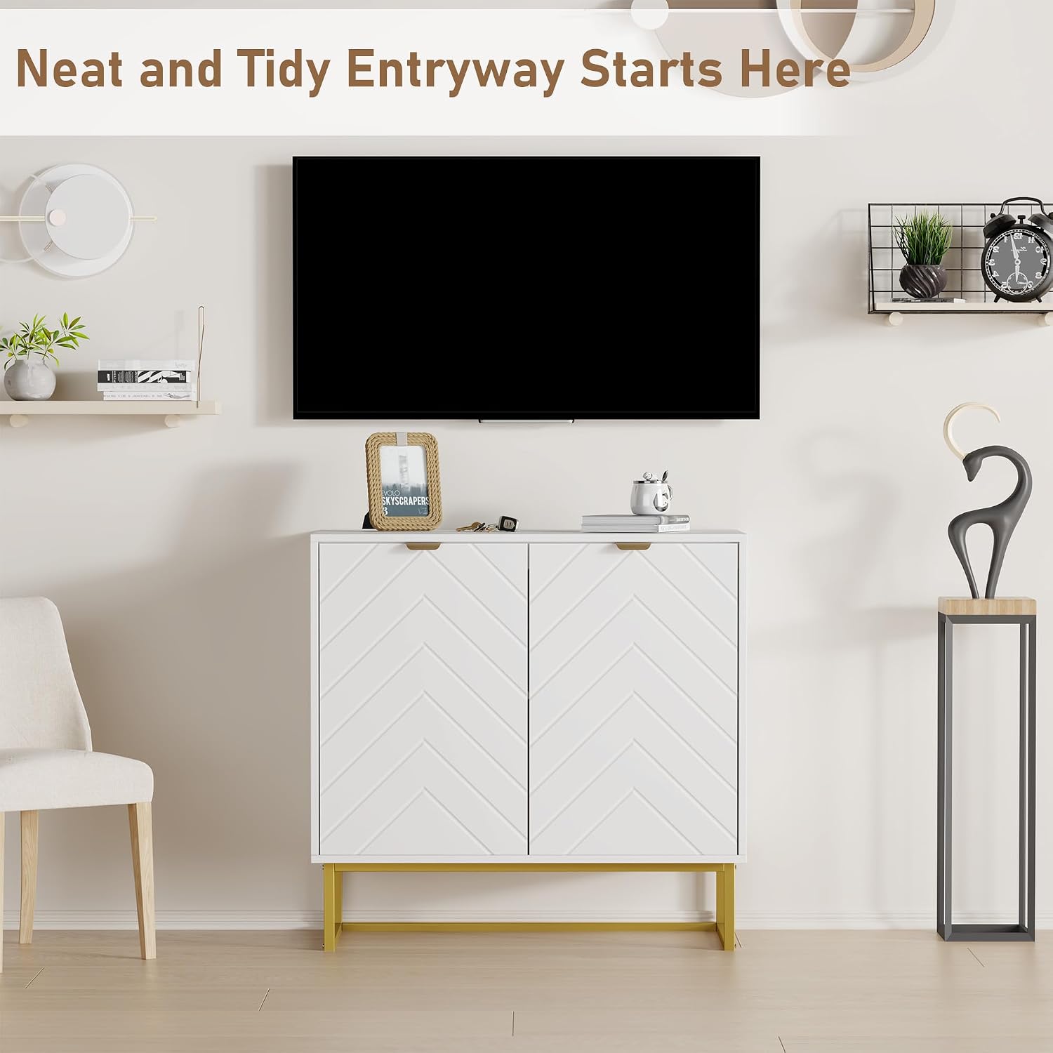 Garvee 31.5 in Modern Sideboard Buffet Cabinet with Storage, Wood Accent Storage Cabinet with Herringbone Doors & Shelf, Credenza Console Table for Dining Room Living Room Entryway, White