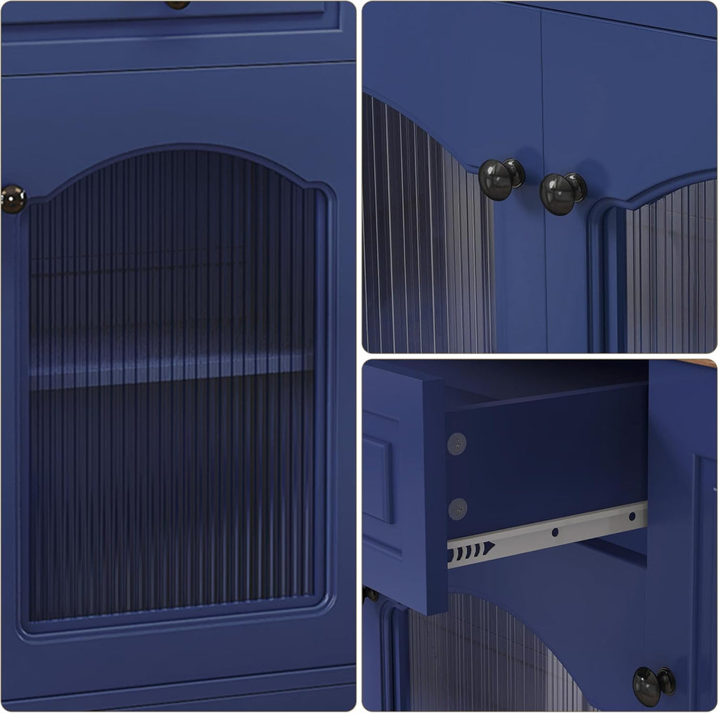 Kitchen Pantry Cabinet with Drawer Storage, 48” Modern Farmhosue Kitchen Hutch with Glass Doors, Blue Storage Cabinet with Countertop and Adjustable Shelves for Dining Room, Living Room