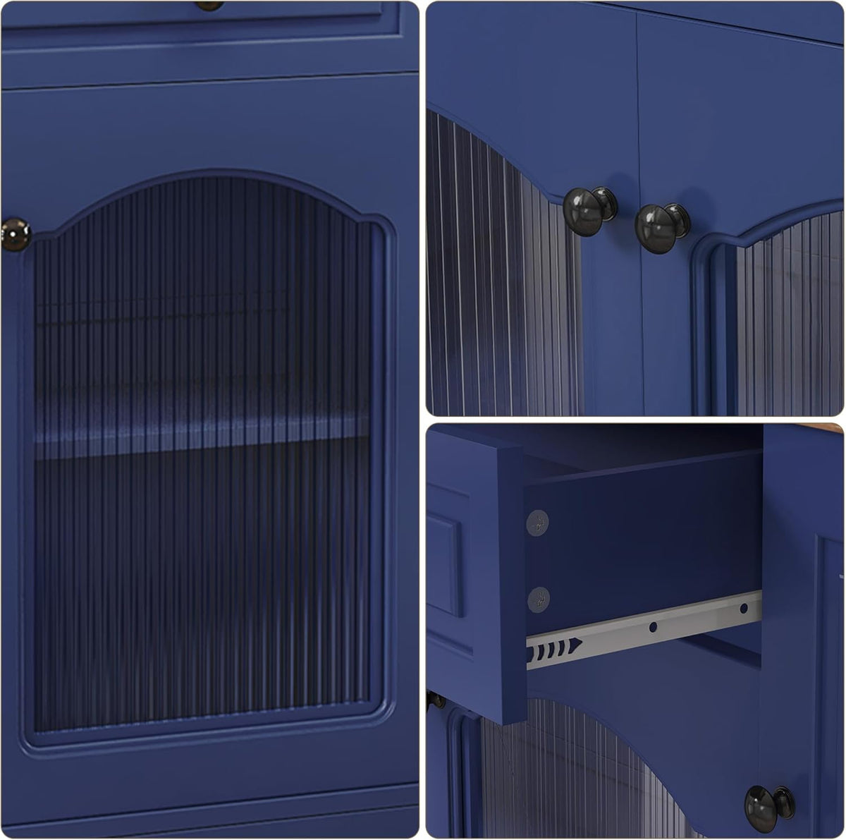 Kitchen Pantry Cabinet with Drawer Storage, 48” Modern Farmhosue Kitchen Hutch with Glass Doors, Blue Storage Cabinet with Countertop and Adjustable Shelves for Dining Room, Living Room