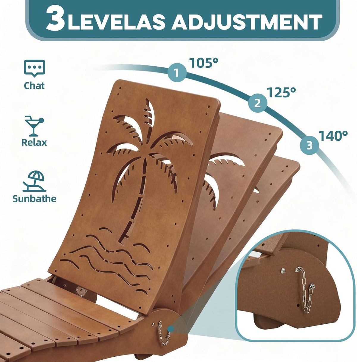 in Pool Lounge Chairs Set of 2, HDPE Pool Chaise Loungers for Sun Shelf up to 9 Inches, Fade-Resistant, 3-Position Adjustable Backrest with Headrest, Ergonomic Poolside Lounger, Teak