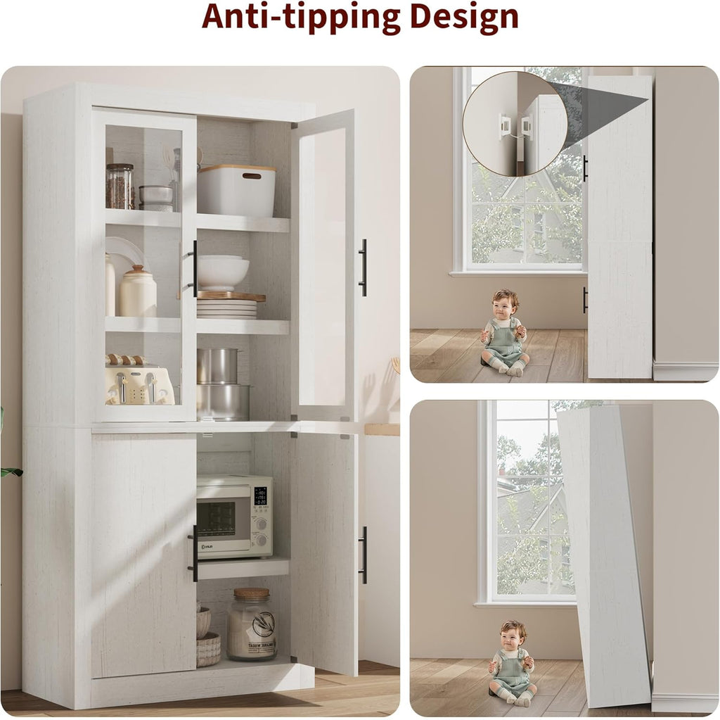 Garvee Tall Kitchen Pantry Cabinet, Farmhouse Wood Storage Cabinet with 4 Doors and Adjustable Shelves, Sturdy Frame, 70.45" Large Office Bookcase Cabinets for Kitchen, Dining, Office, Rustic White