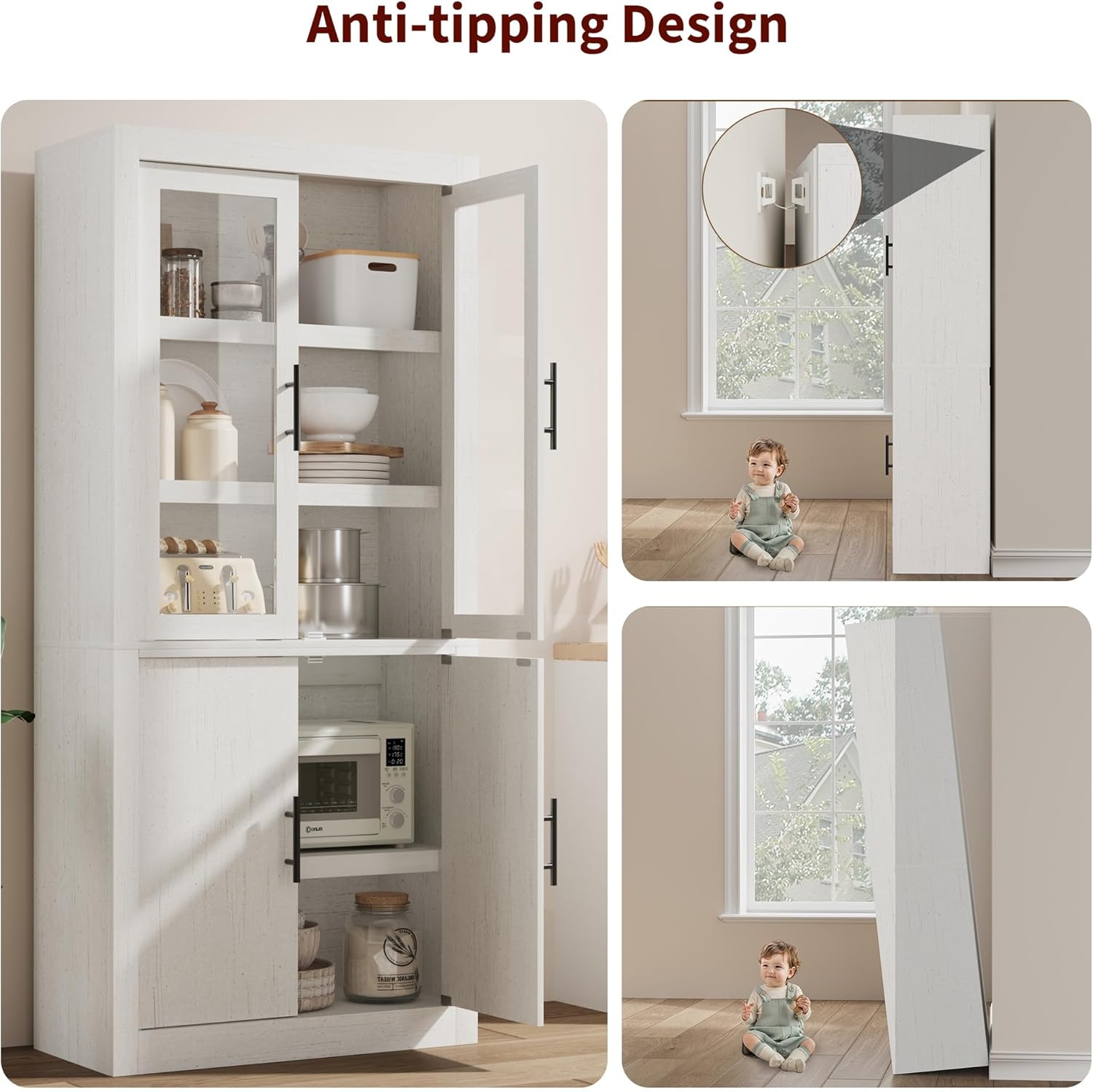 Tall Kitchen Pantry Cabinet, Farmhouse Kitchen Pantry Storage Cabinet Wood, 70.45" Large Cupboard with 4 Doors & Adjustable Shelves for Kitchen Storage, Dining, Office, Rustic White