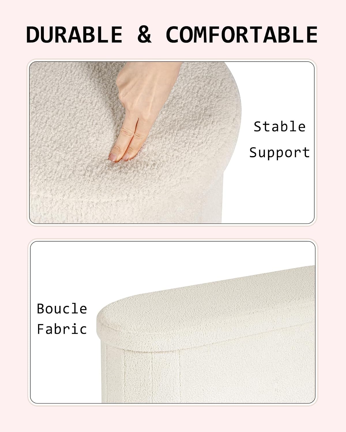 43.3 Inches Foldable Storage Ottoman Bench, Oval Footrest | Teddy Boucle Fabric, Hidden Storage, Soft Padded Seat, End Of Bed Bench For Bedroom, Living Room and Entryway, White