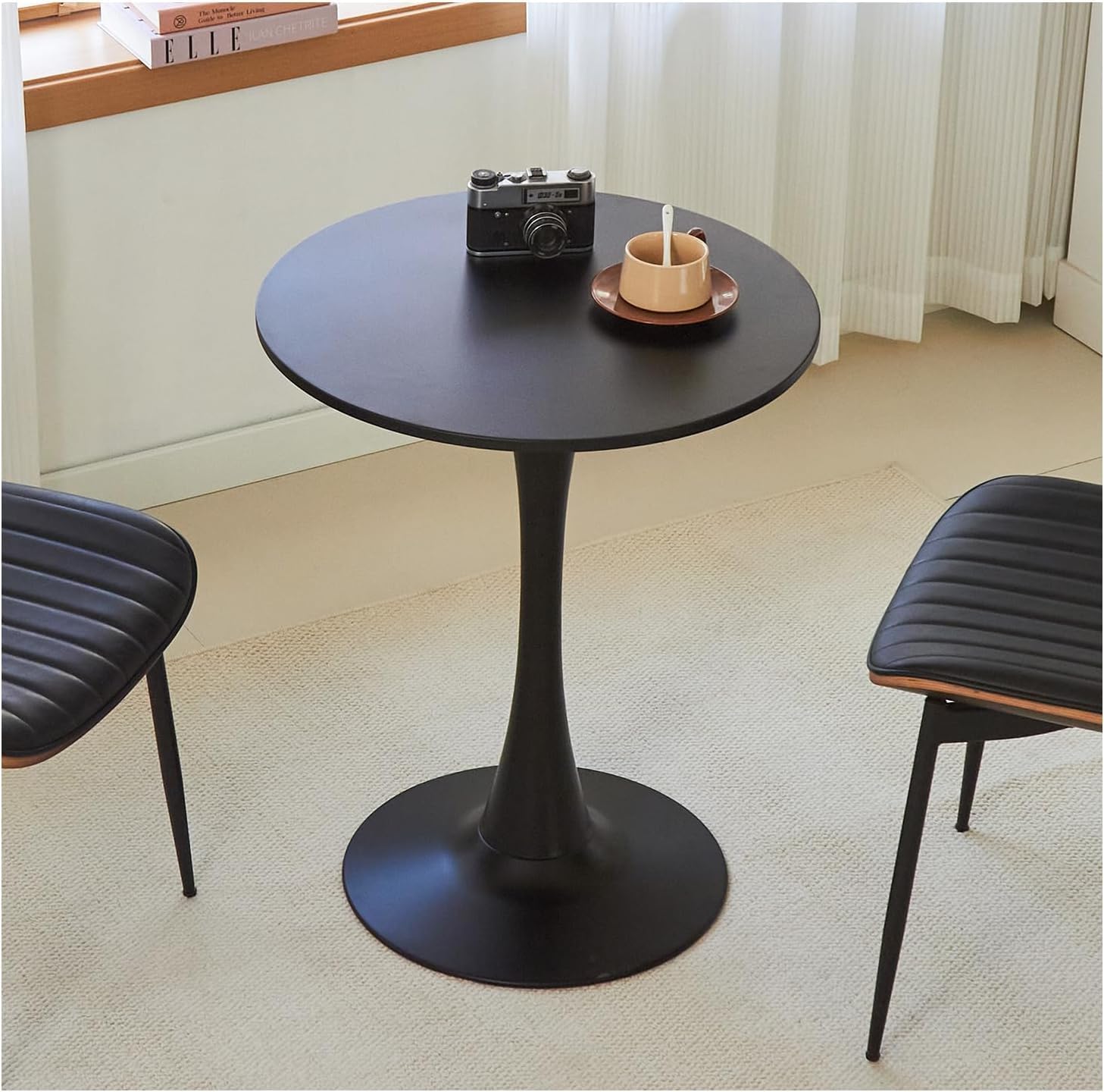 Round Dining Table, 24" Circle Tulip Table with Thickened Tabletop & Metal Pedestal, Mid Century Modern Bistro Table for Kitchen, Small Places, Living Room, Cafe (Black)