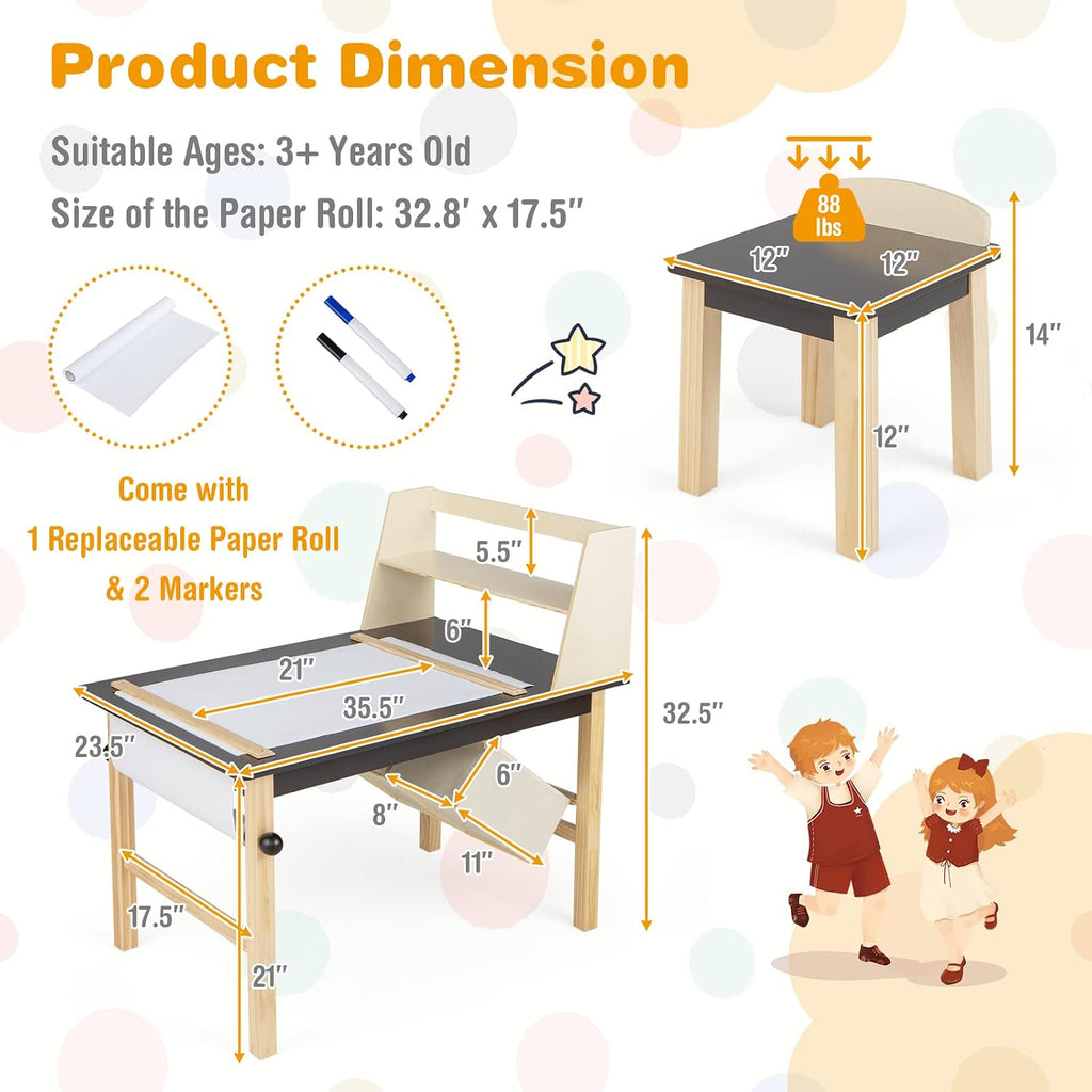 Costzon Kids Art Table and Chair Set, Wooden Activity Table and 2 Stools w/a Paper Roll, 2 Markers, 2 Storage Bins for 3+ Years Old Boys Girls Drawing Painting Craft, Toddler Table and Chairs (Brown)