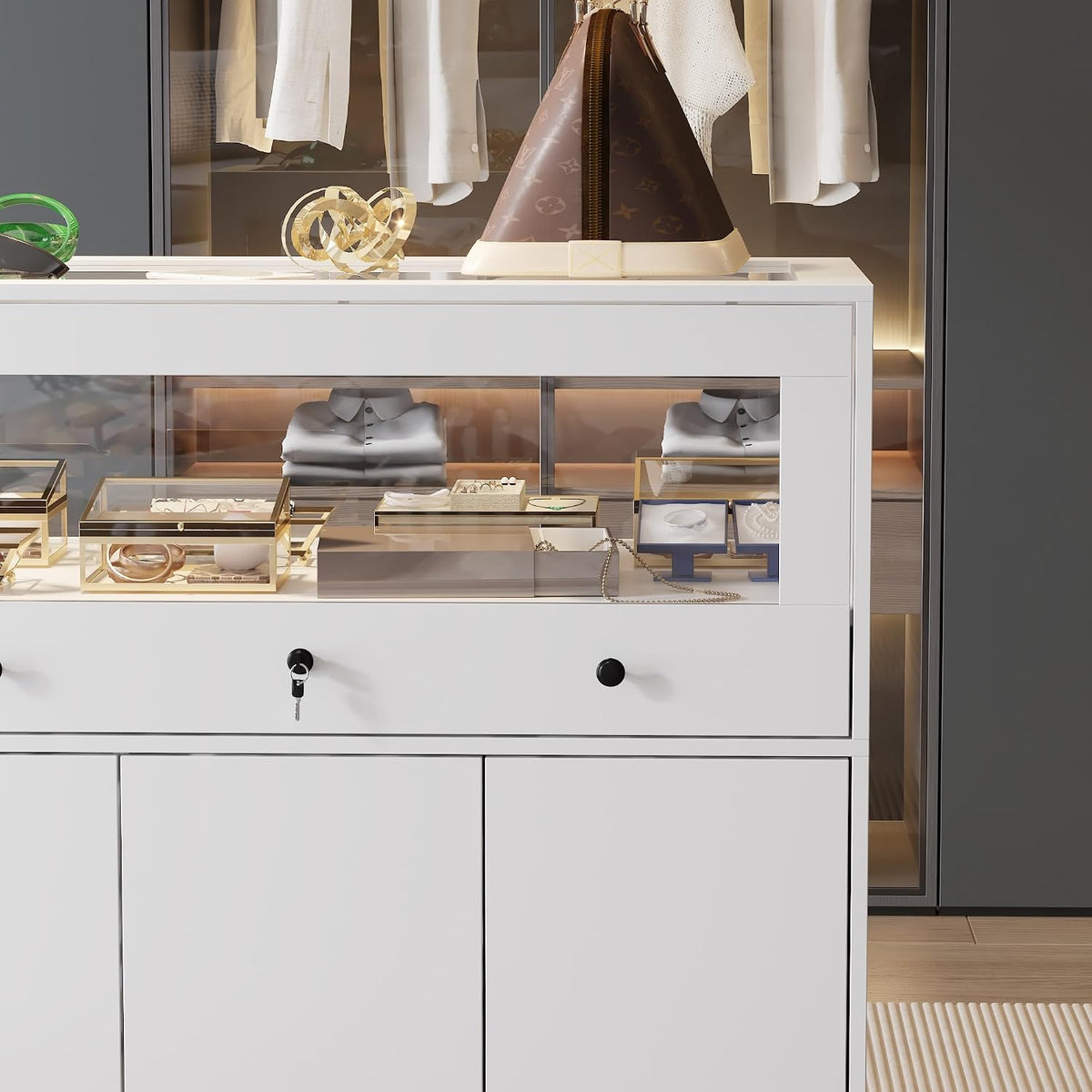 Homsee Wardrobe Armoire Closet with Lock, Walk-in Closet Island Dresser with Glass Showcase, Drawers & Doors, Modern Storage Display Cabinet for Bedroom, Fitting Room & Shops, White