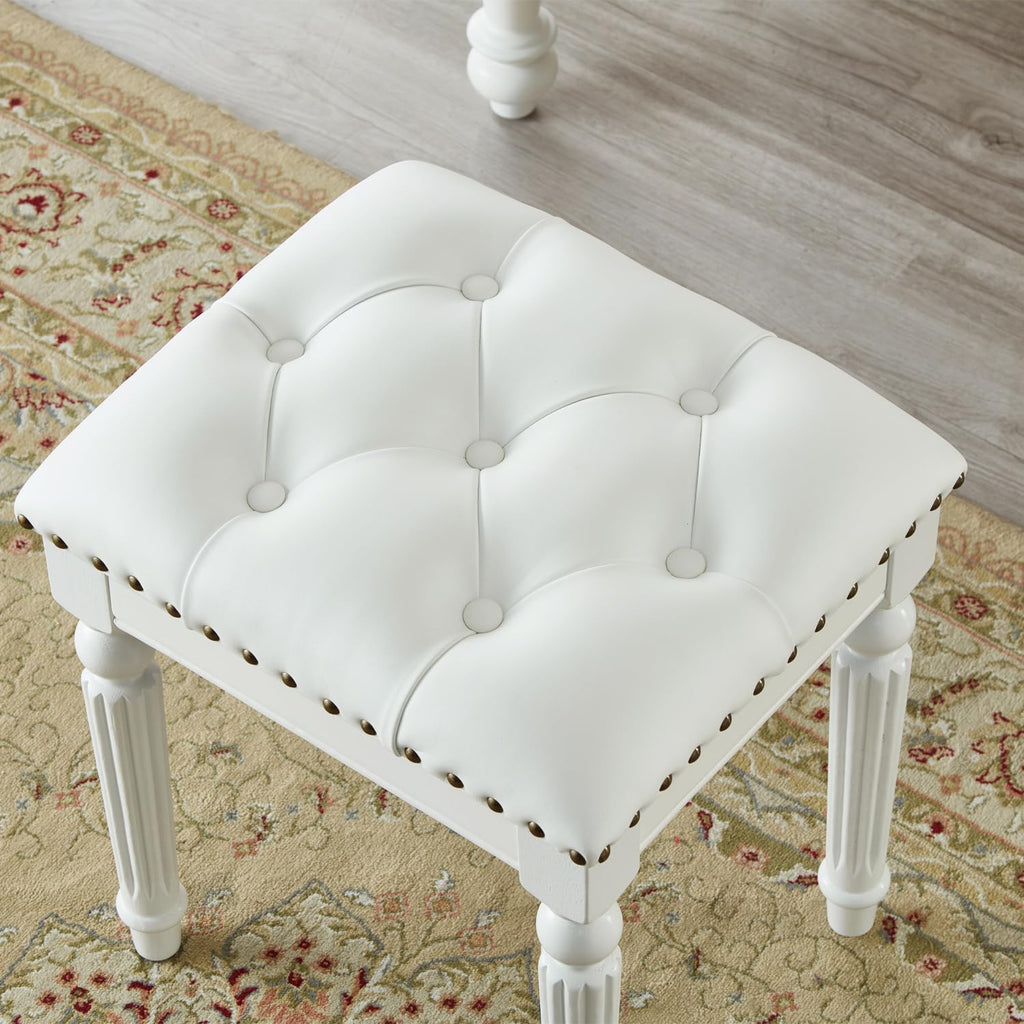 Vanity Bench Stool with Microfiber Leather Cushion, Vanity Chair Ottoman Dressing Stool with Solid Wood Legs for Bedroom, Makeup Room, Dressing Room, Easy Assembly (White)